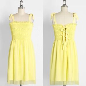 Modcloth A Little Ray of Sunshine Fit and Flare Dress Smocked Summer in Yellow L